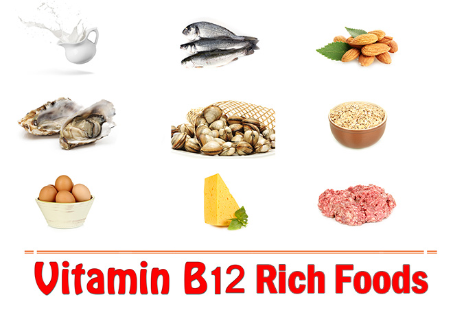 Богати източници на витамин Б12 са сардини, миди, стриди, сьомга, синьо-зелените водорасли, агнешно и пуешко месо, дробчета и др.