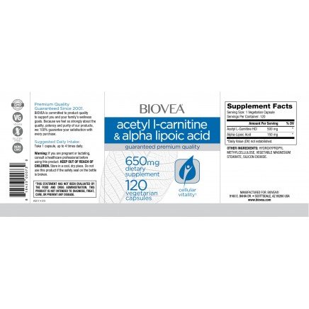 BVA-02073, BVA-03217 - Acetyl L-Carnitine & Alpha Lipoic Acid 650 mg 120 Capsules в