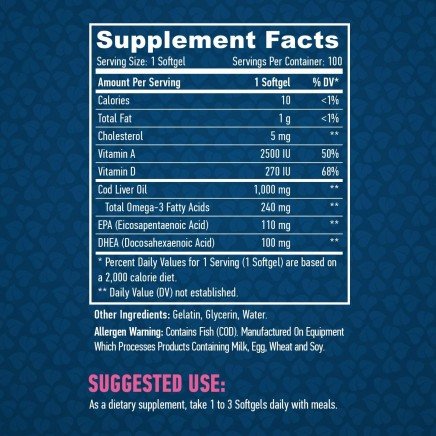 HLB-00787 - Cod Liver Oil 1000 mg 100 Softgels в категория Кости. Cod Liver Oil 1000
