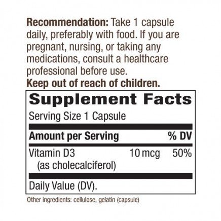 NWY-40141 - Vitamin D Dry Form 10 mcg 100 Capsules в категория Витамини.